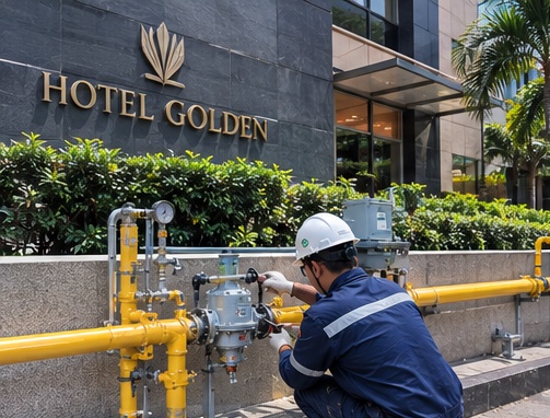 Hotel Golden — Inspection and maintenance of regulators and gas pipelines in the hotel operational area. | Instalatur Pipa Gas & Industrial Piping — PB Dwijaya